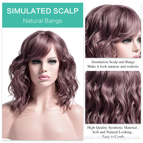 Hot Selling Heat Resistant Ombre Brown Black Brown Pink Silky Curly Wig For Women Synthetic Short Water Wavy Wigs With Bangs